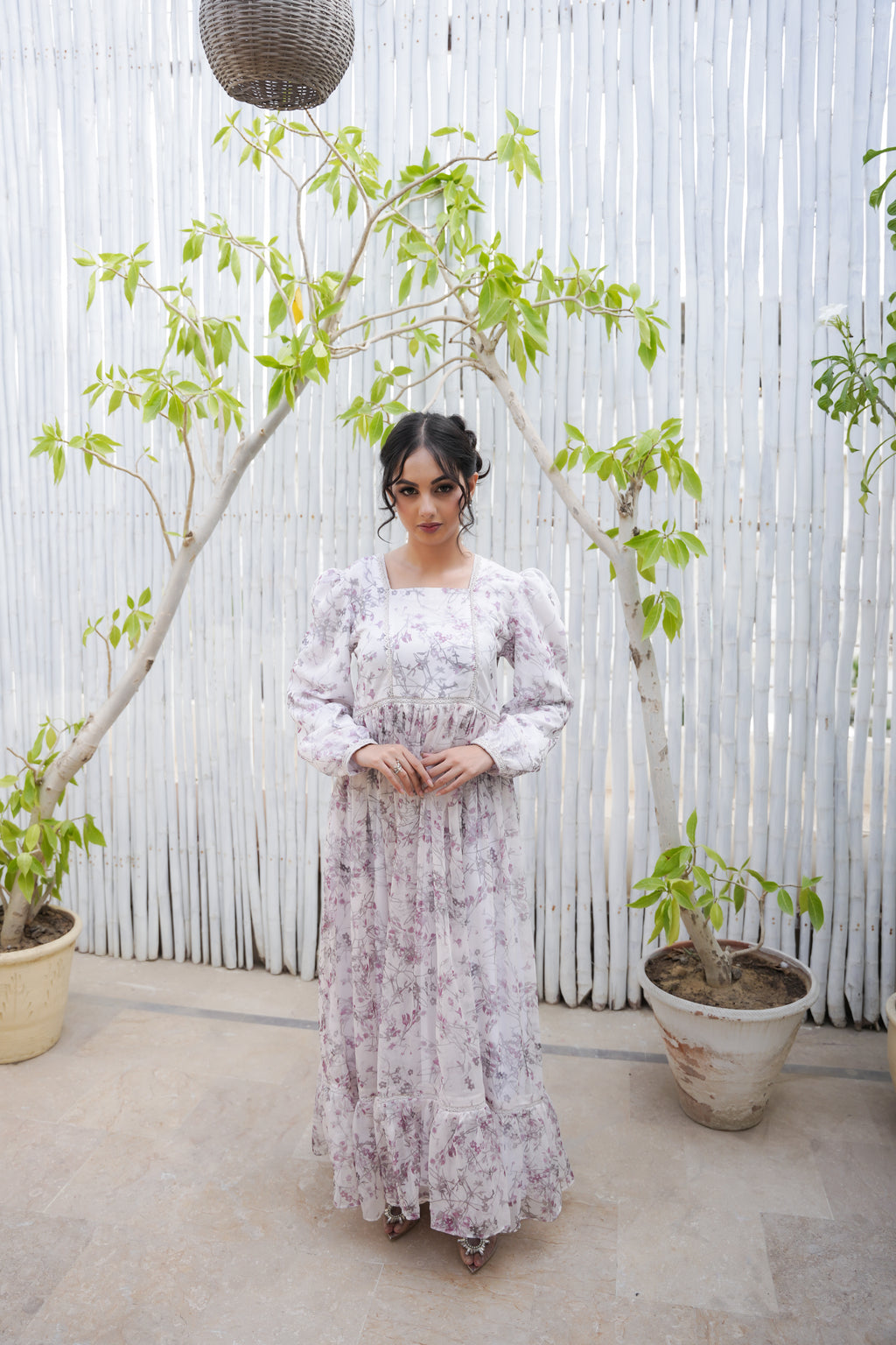 DREAMY PRINTED WHITE CHIFFON LONG DRESS