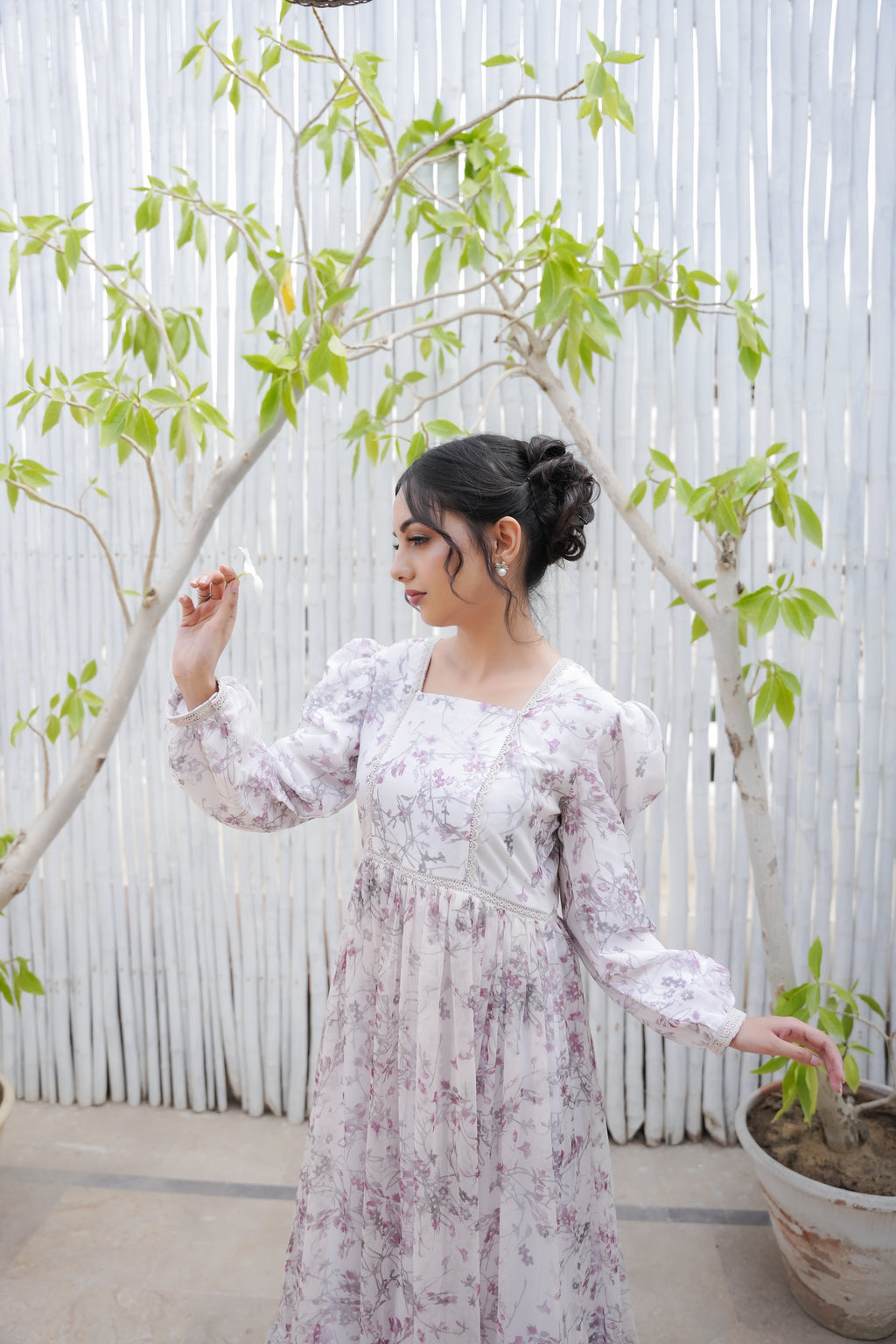 DREAMY PRINTED WHITE CHIFFON LONG DRESS
