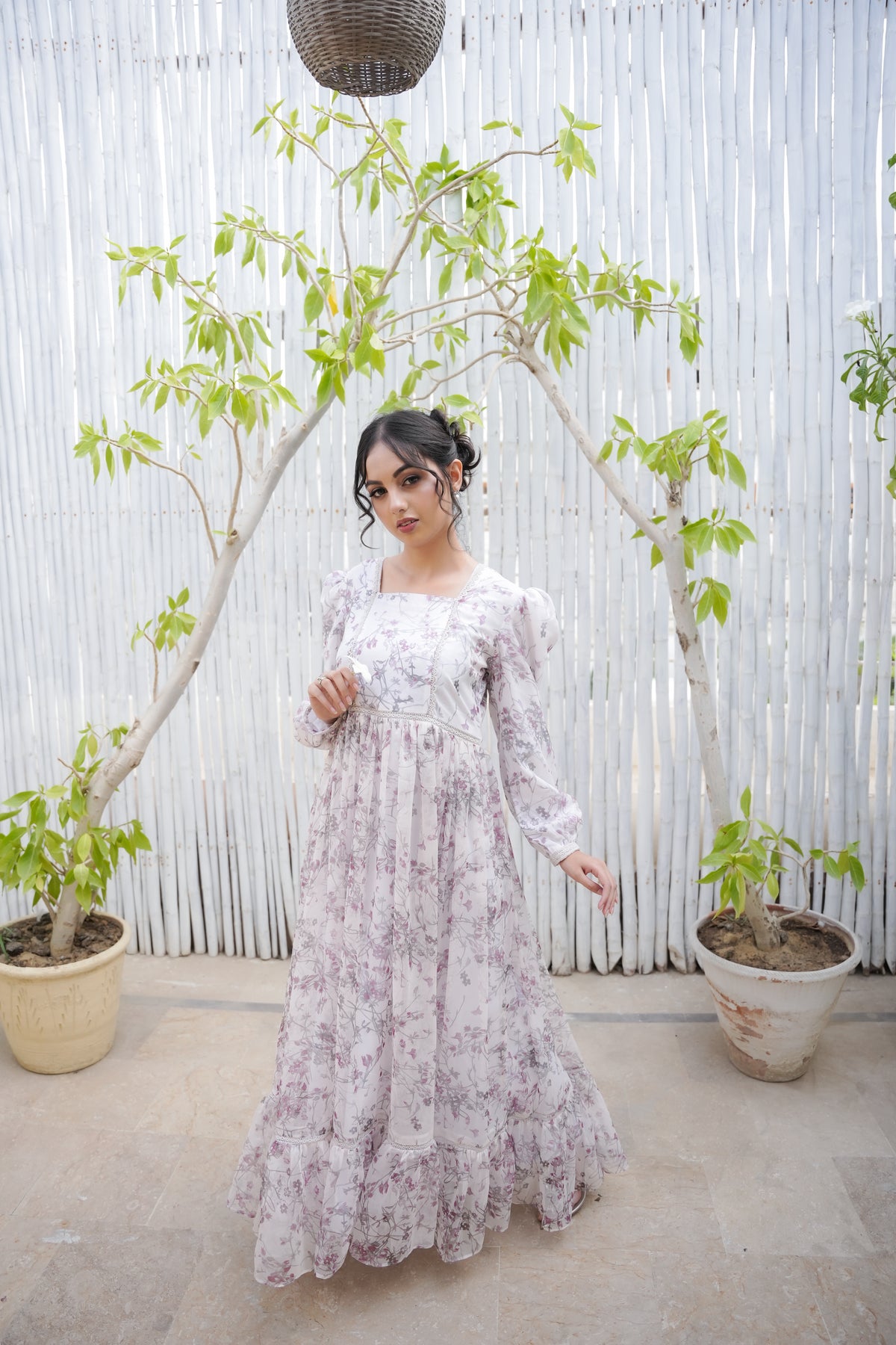 DREAMY PRINTED WHITE CHIFFON LONG DRESS