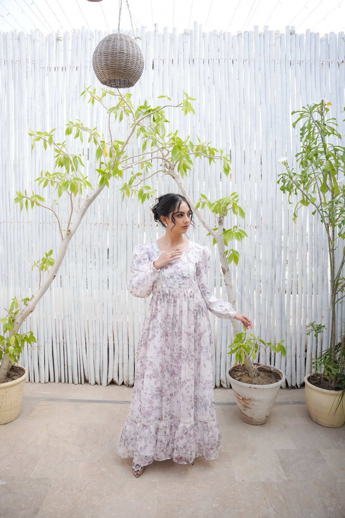 DREAMY PRINTED WHITE CHIFFON LONG DRESS