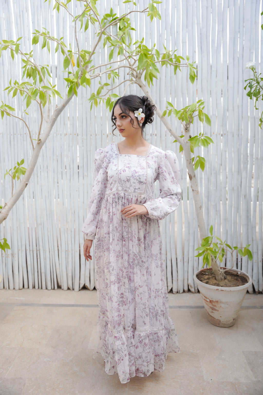 DREAMY PRINTED WHITE CHIFFON LONG DRESS