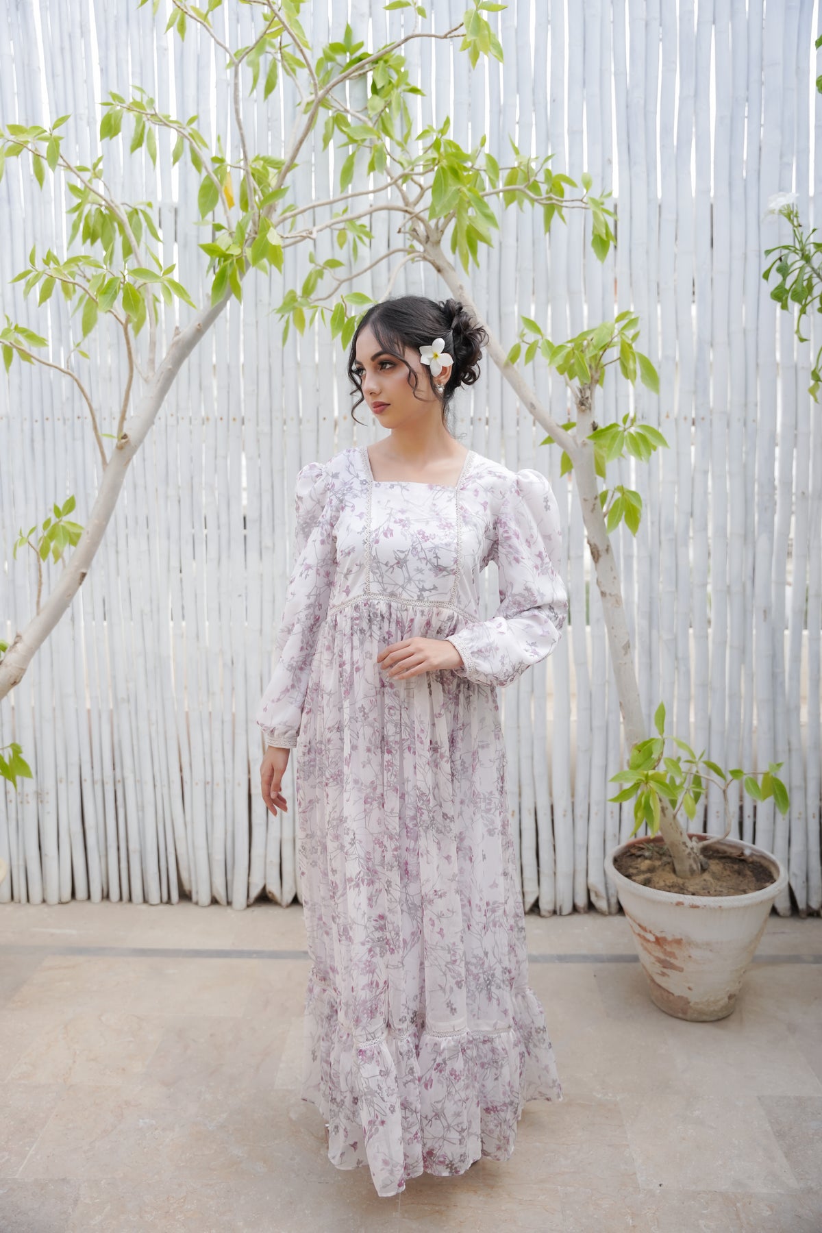 DREAMY PRINTED WHITE CHIFFON LONG DRESS