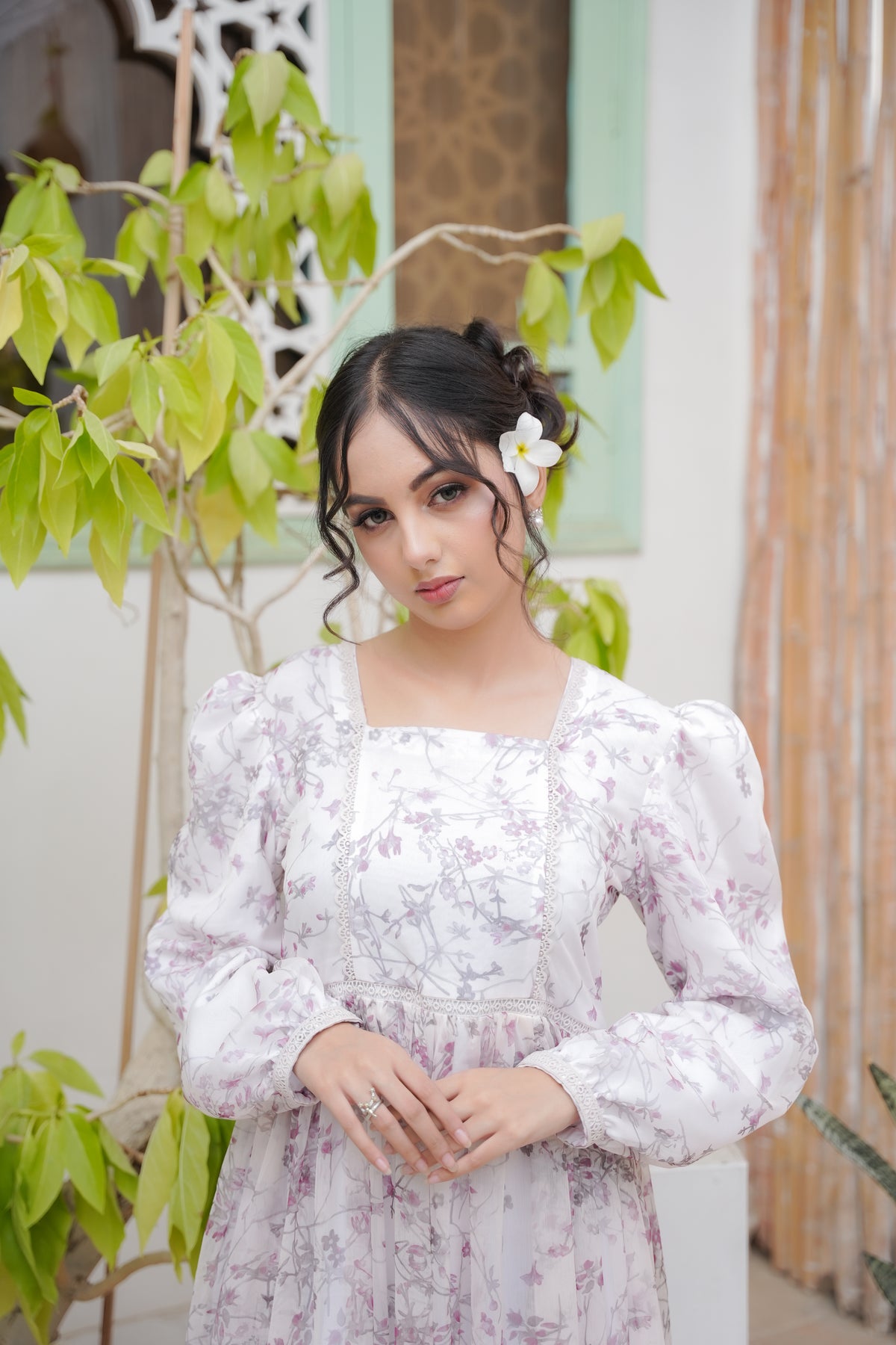 DREAMY PRINTED WHITE CHIFFON LONG DRESS
