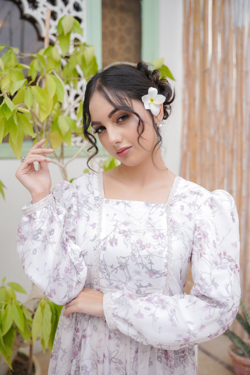 DREAMY PRINTED WHITE CHIFFON LONG DRESS