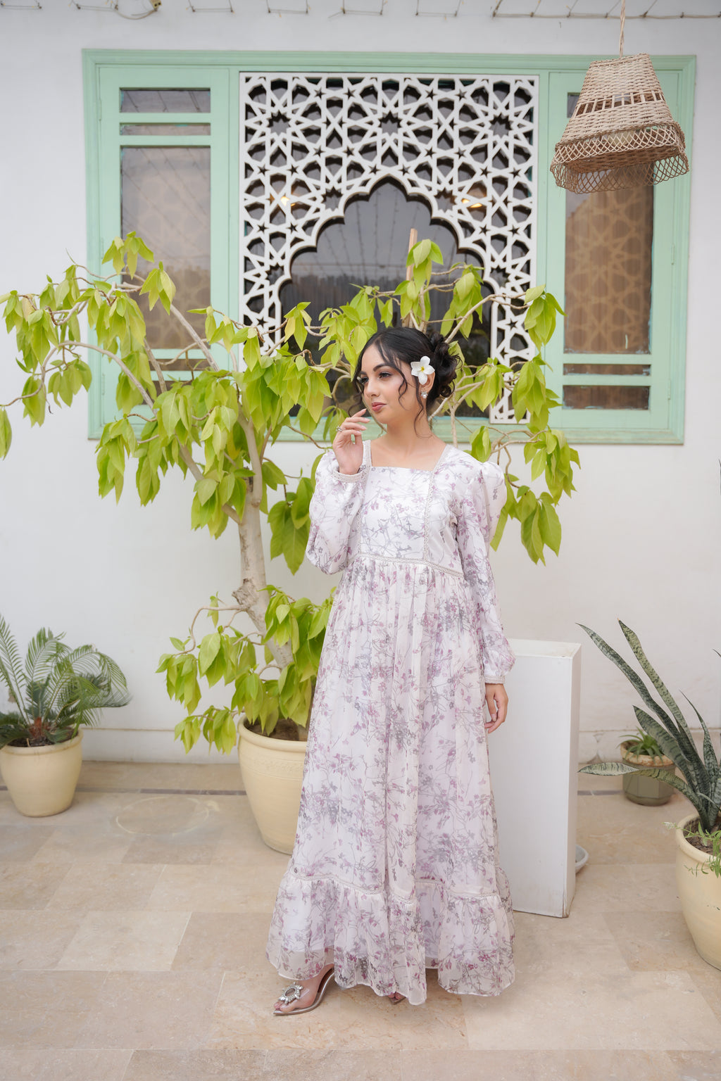 DREAMY PRINTED WHITE CHIFFON LONG DRESS