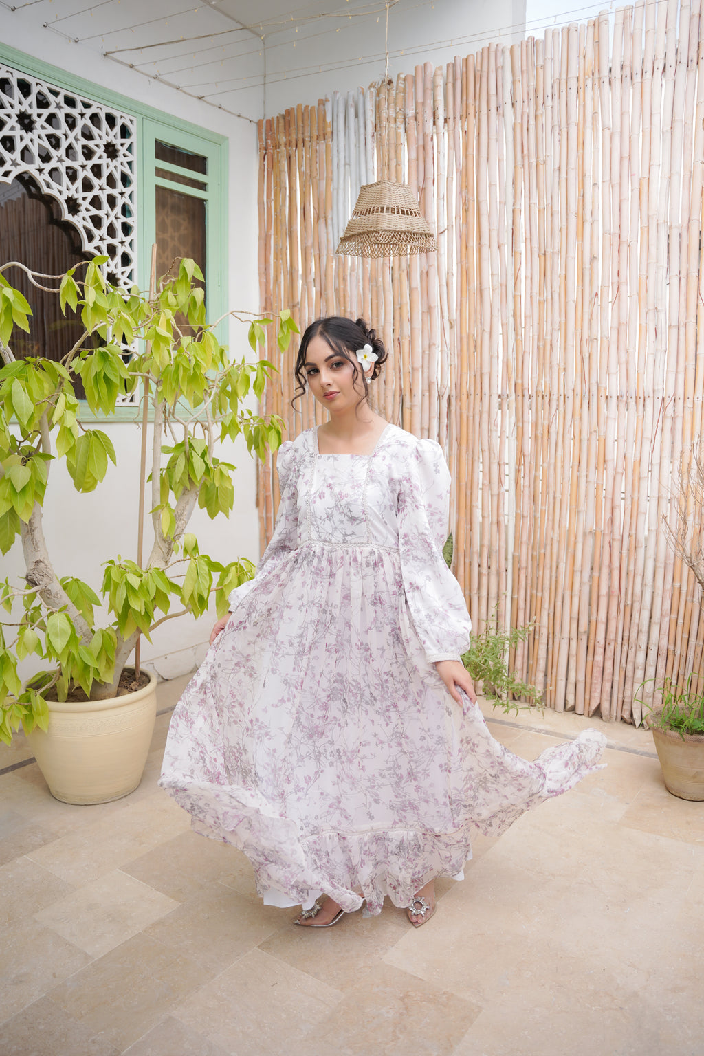 DREAMY PRINTED WHITE CHIFFON LONG DRESS