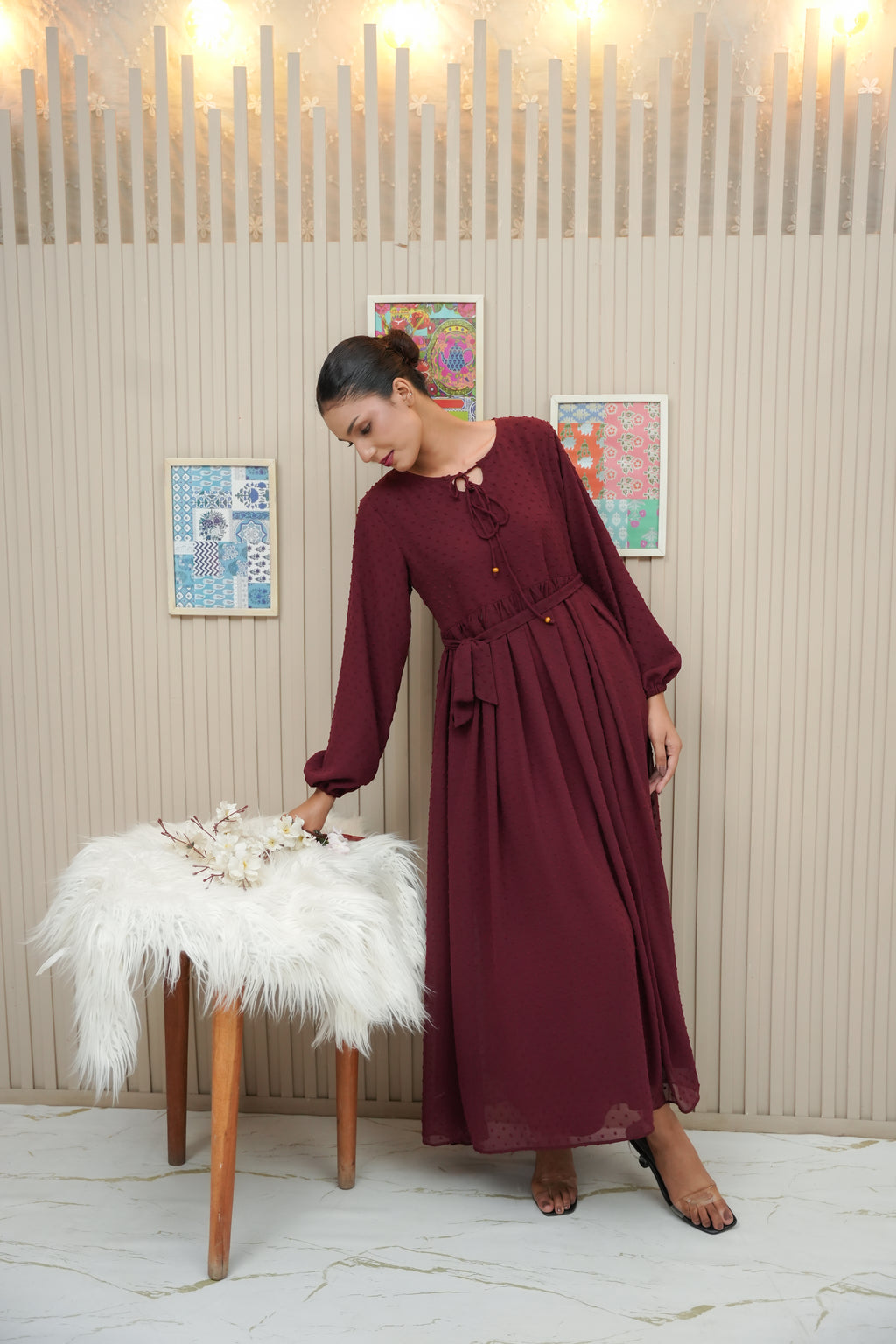 ETHEREAL MAROON BROCHIA LONG DRESS