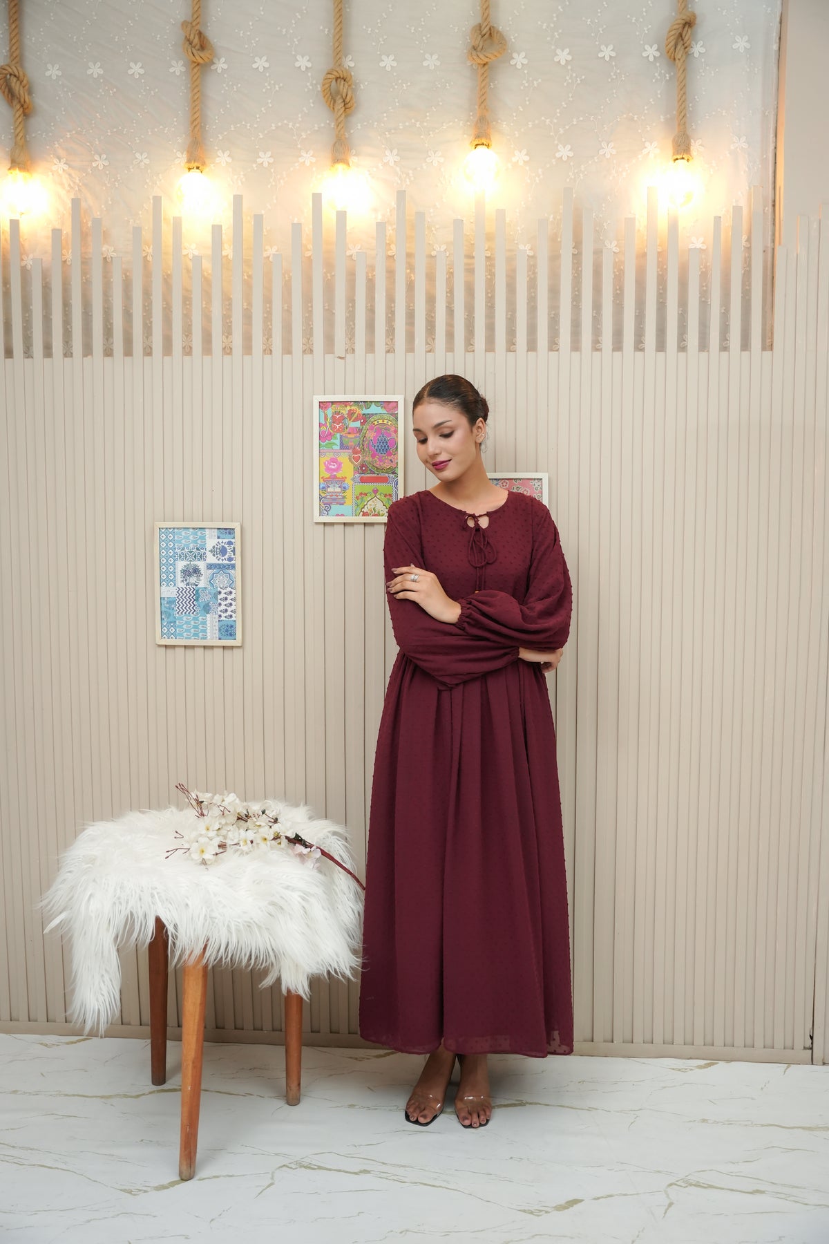ETHEREAL MAROON BROCHIA LONG DRESS