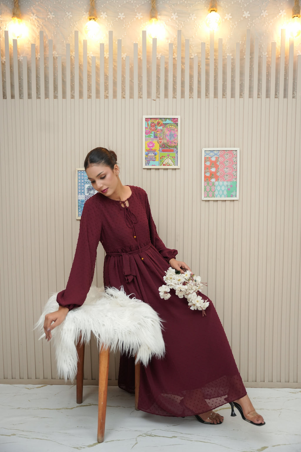 ETHEREAL MAROON BROCHIA LONG DRESS