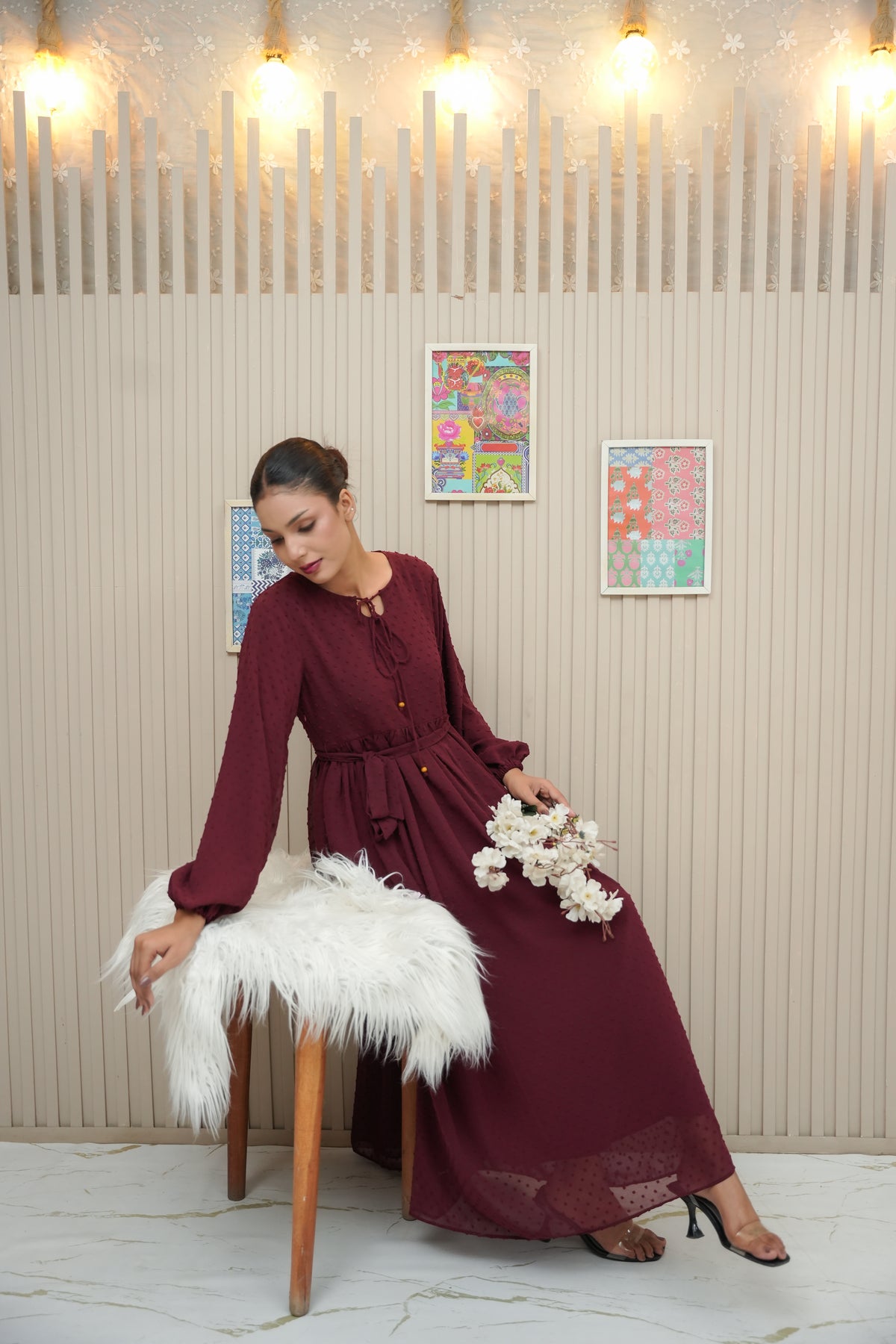 ETHEREAL MAROON BROCHIA LONG DRESS