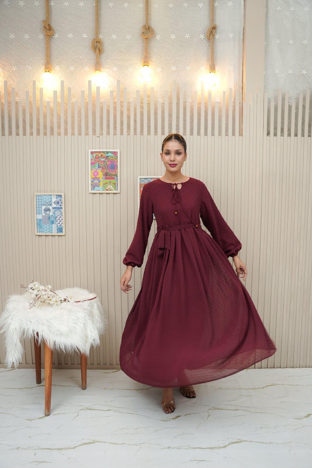ETHEREAL MAROON BROCHIA LONG DRESS