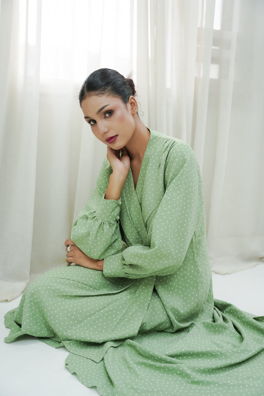 GREEN POLKA DOTS STRETCH LONG DRESS