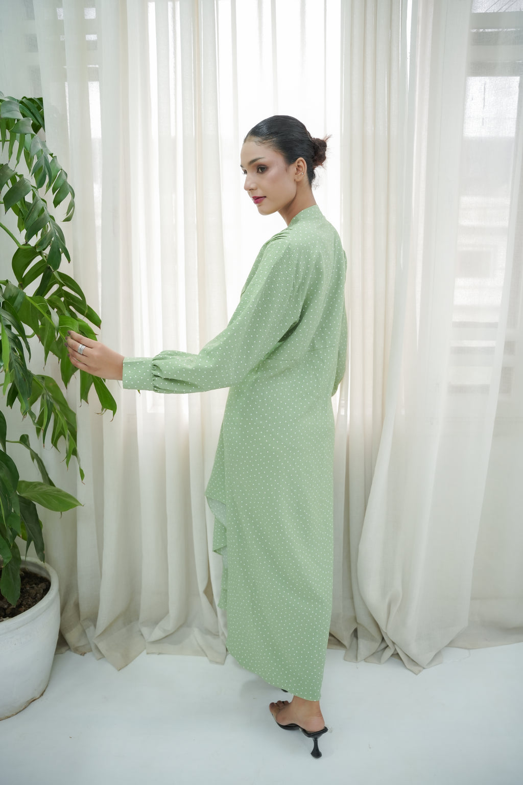 GREEN POLKA DOTS STRETCH LONG DRESS