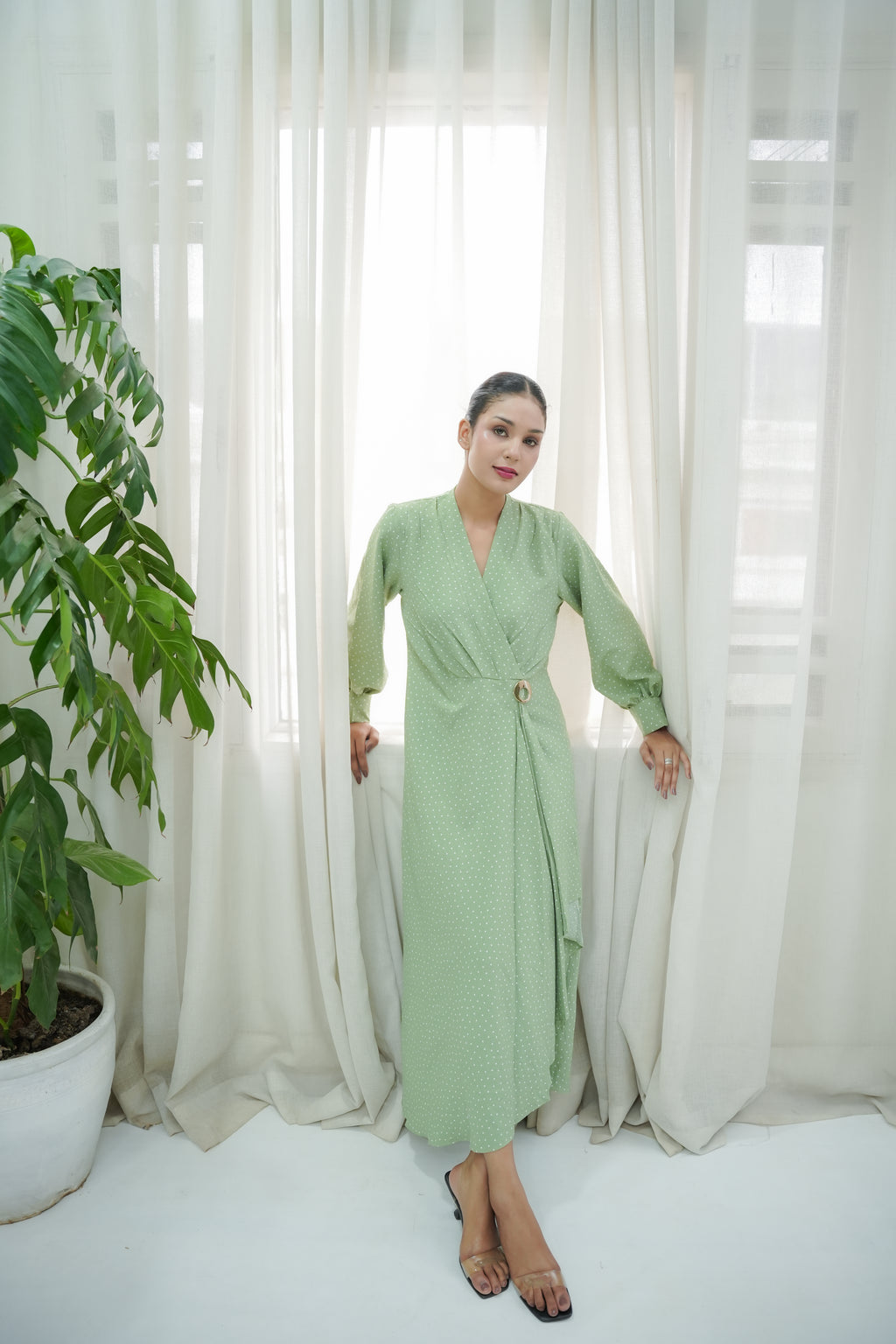 GREEN POLKA DOTS STRETCH LONG DRESS
