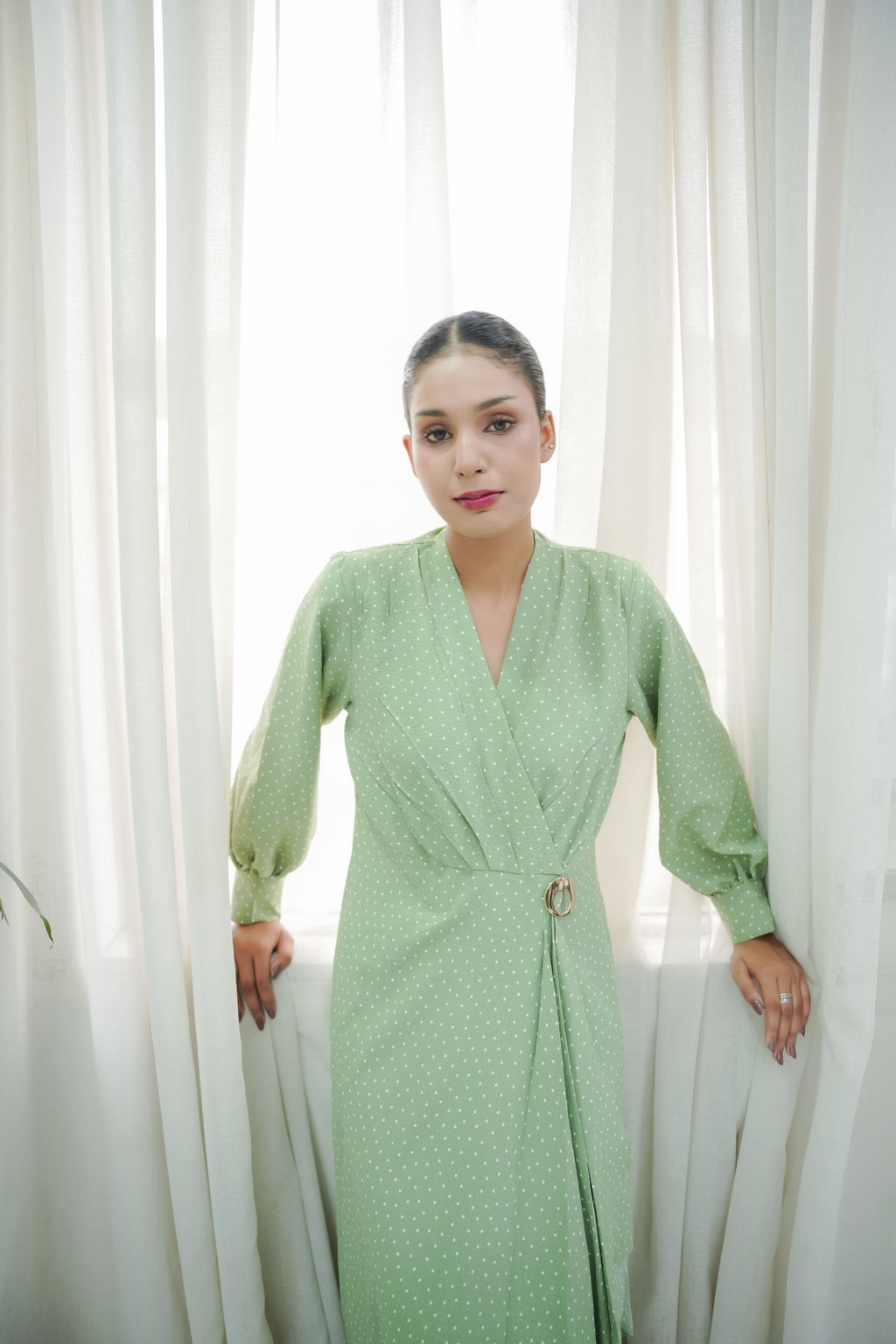 GREEN POLKA DOTS STRETCH LONG DRESS